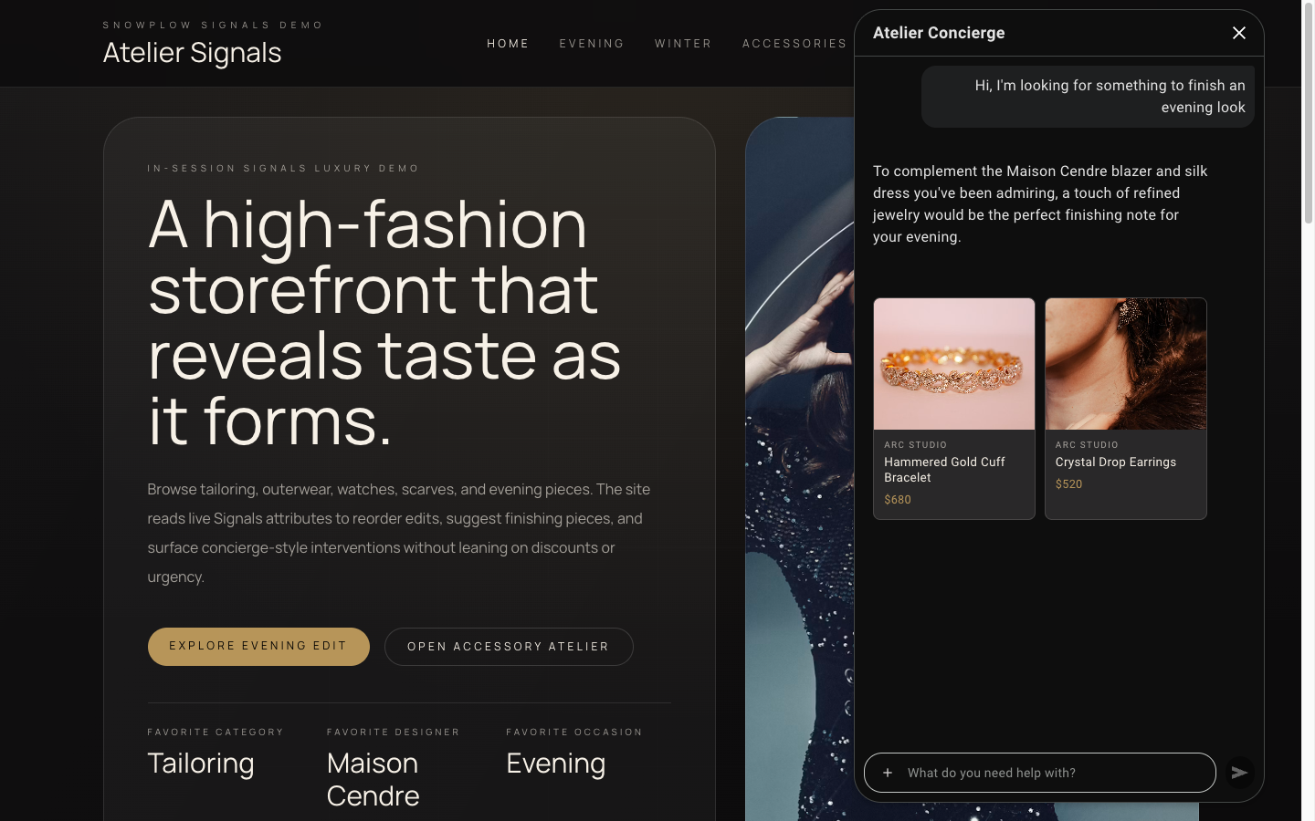 The Atelier Concierge replies with a reference to the Maison Cendre blazer and the silk dress the shopper just browsed, and a carousel of two Arc Studio jewelry pieces