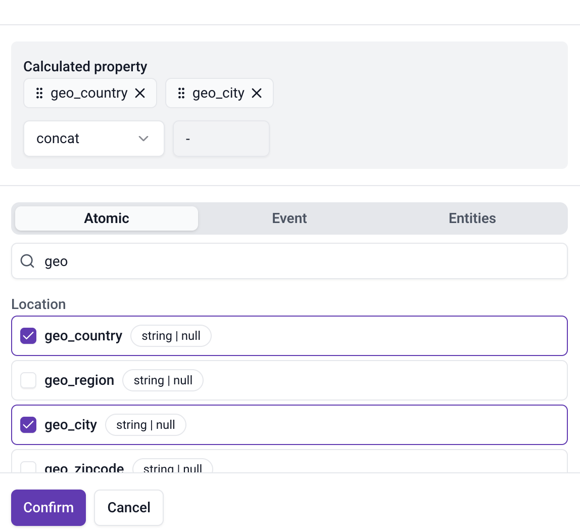 The property picker in Snowplow Console with geo_country and geo_city ticked in the Atomic tab. The calculated property panel above shows both as reorderable chips, the concat operation selected, and a hyphen as the separator.