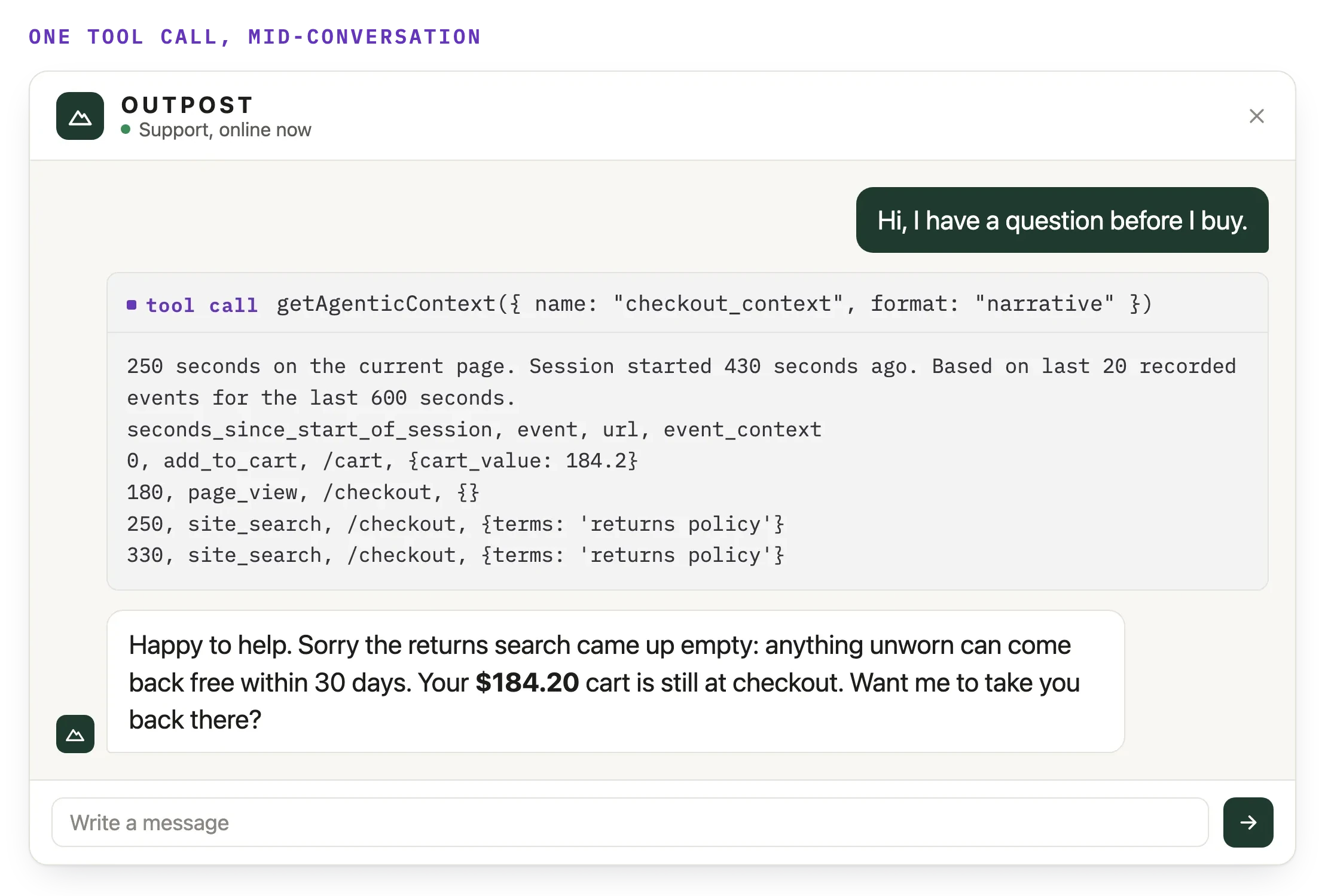 An OUTPOST support chat where the agent calls getAgenticContext in narrative format, gets a summary line and a table of the session's events, and replies with the returns policy and help with the $184.20 cart.