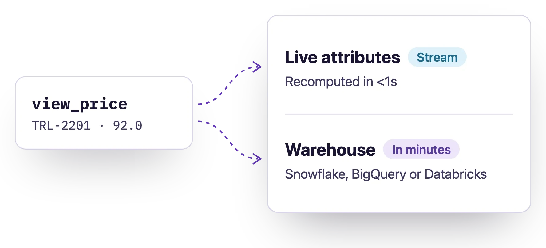A view_price event arriving both in live attributes, recomputed in under a second, and in the warehouse on Snowflake, BigQuery or Databricks.