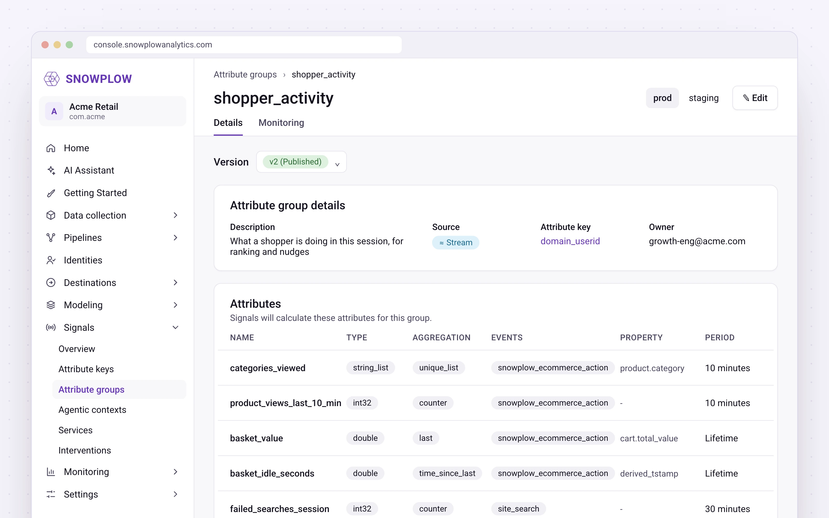 The Snowplow Console showing a published attribute group with attributes such as categories_viewed and basket_value.